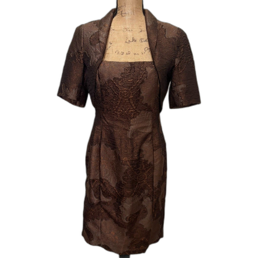 Worth New York Chocolate Brown‎ Brocade Sheath Dress & Bolero Shrug Silk Size 4